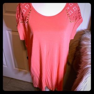 Coral Top With Stud Details & Lace Sleeves